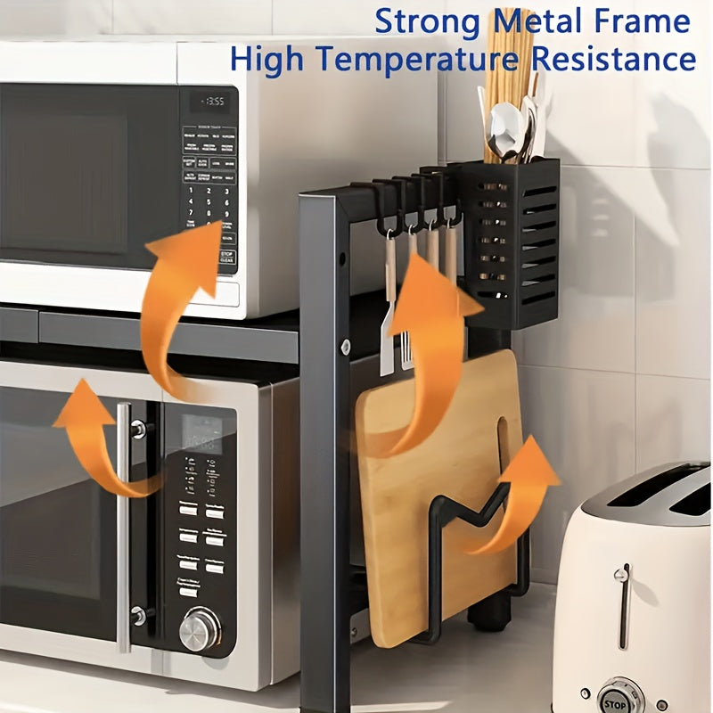 Scaffale per microonde espandibile in metallo resistente a 2/3 ripiani con 6 ganci, scaffale per condimenti, scaffale portaoggetti, ripiano da cucina regolabile salvaspazio, organizer da appoggio, robusto ripiano sopra l'armadio, facile da montare, forno