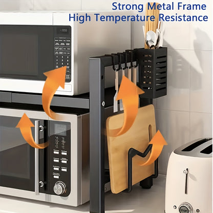 Scaffale per microonde espandibile in metallo resistente a 2/3 ripiani con 6 ganci, scaffale per condimenti, scaffale portaoggetti, ripiano da cucina regolabile salvaspazio, organizer da appoggio, robusto ripiano sopra l'armadio, facile da montare, forno