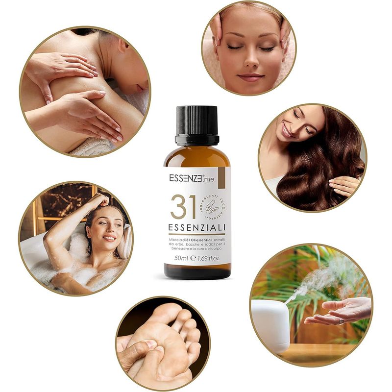 Olio alle 31 Erbe Balsamico e Defaticante, Miscela di 31 Oli Essenziali Concentrati, Puri e Naturali Multiuso per Massaggi, Suffumigi, Aromaterapia, Cura della Pelle e Capelli. Essenze 50ml