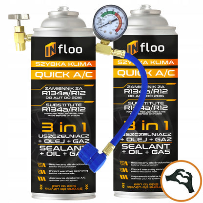 INfloo Set di 2 Tubi Flessibili QUICK A/C R134a 3-in-1 con Manometro per Refrigerante per Auto fino al 2016 Ricarica e Sigillatura Autoservizio Aria Condizionata Raffreddamento Istantaneo e Controllo Preciso della Pressione