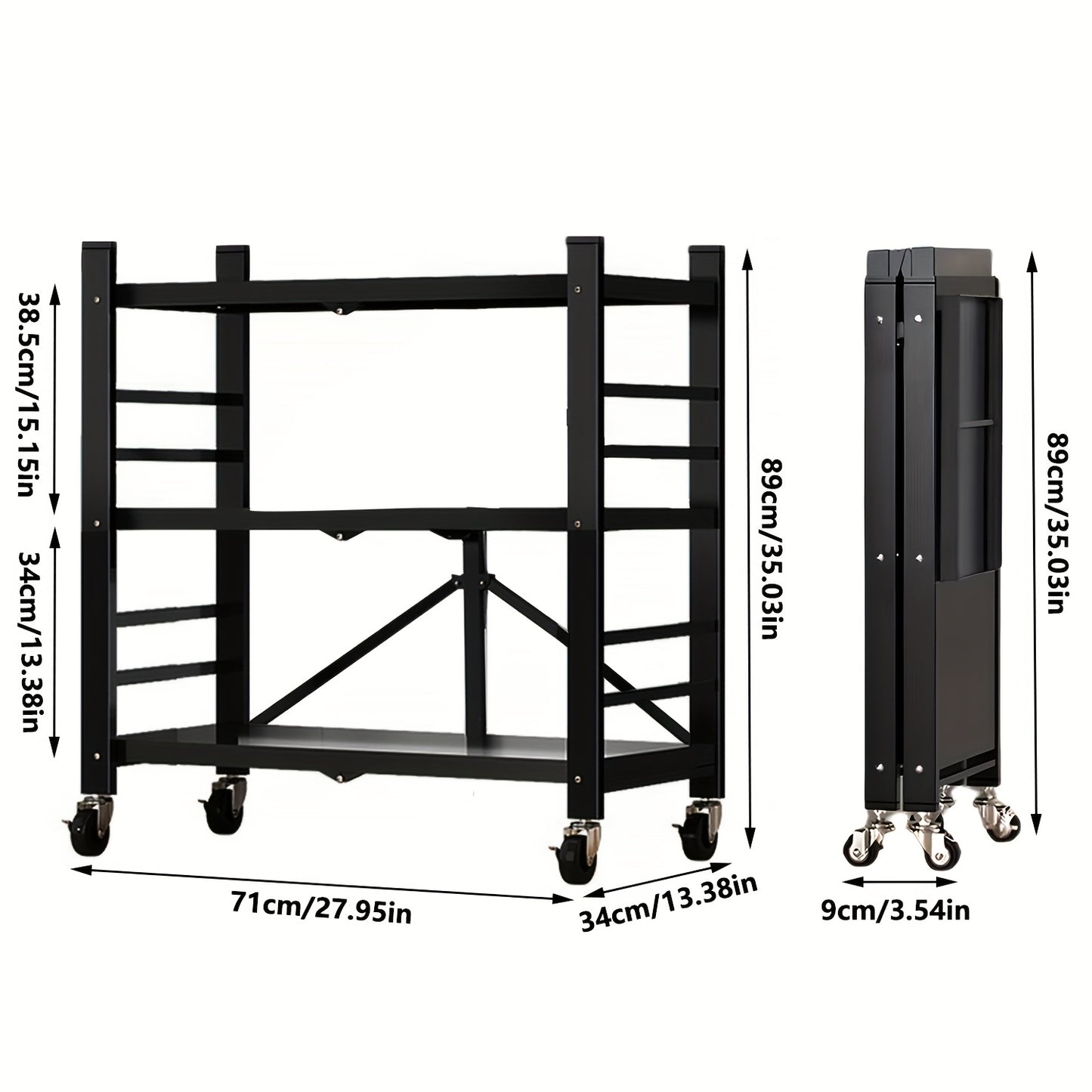Scaffale da cucina dorato a 3 ripiani con ruote, scaffale pieghevole, scaffale da cucina mobile, scaffale verticale, nessuna installazione richiesta, scaffale da cucina e carrello mobile, adatto per dispensa o ufficio (Nero, Bianco)