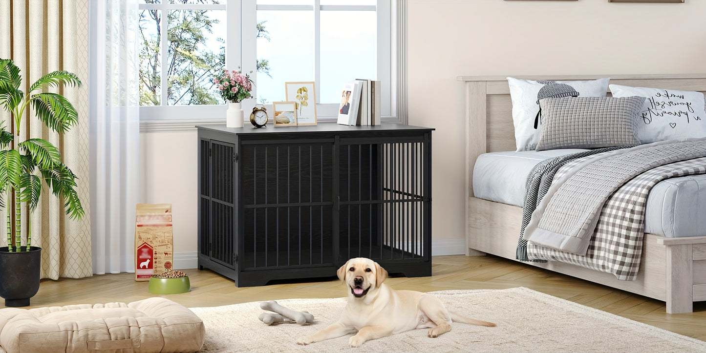 Gabbia per Cani Arredo, 110cm Gabbia per Cani, Cuccia Moderna Interna a Doppia Porta per Razze Medie e Grandi, Tavolino Laterale con Porte Scorrevoli Rinforzate 110 × 65 × 81cm