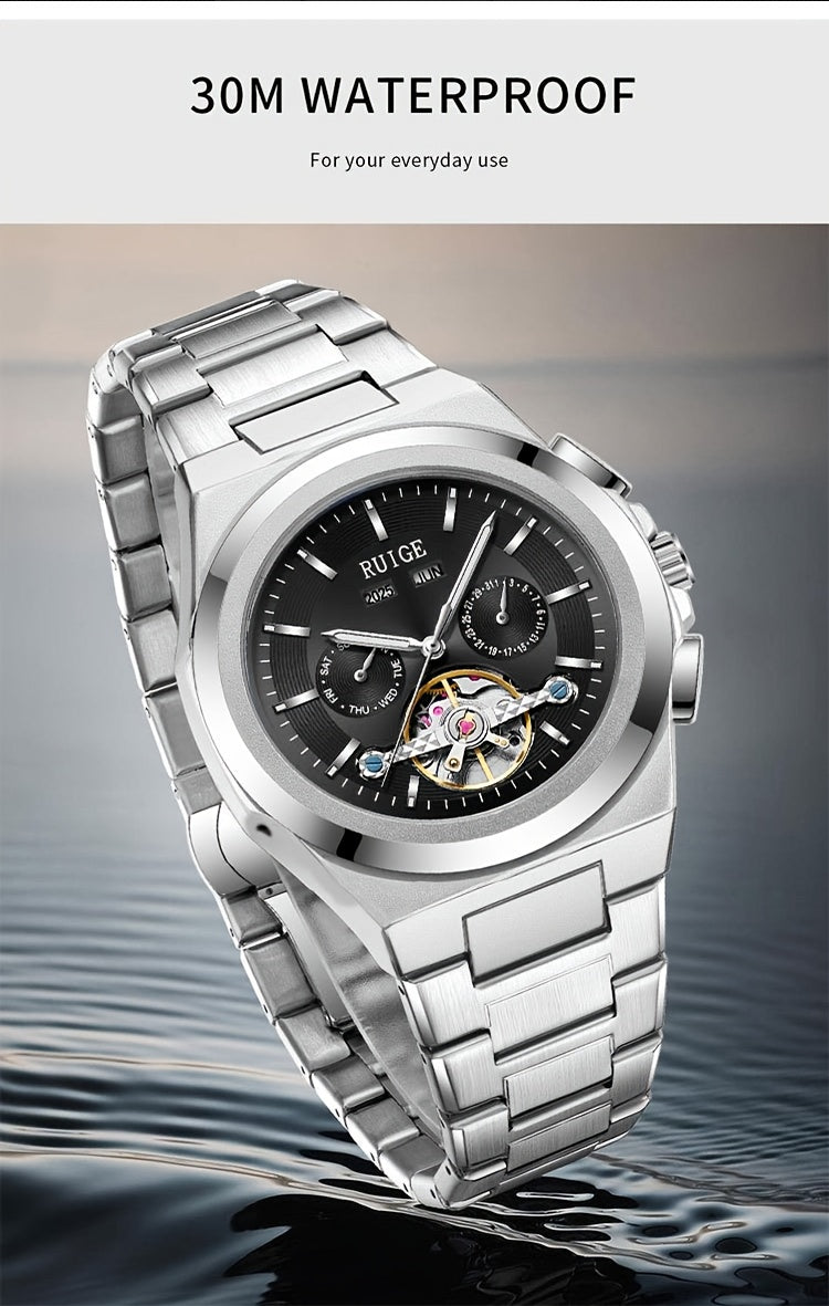 Orologio da uomo elegante automatico meccanico con cinturino in acciaio inossidabile, con funzioni business e sportive, display multipli, calendario, lancette luminose e design scheletrato. Un regalo perfetto per uomo.