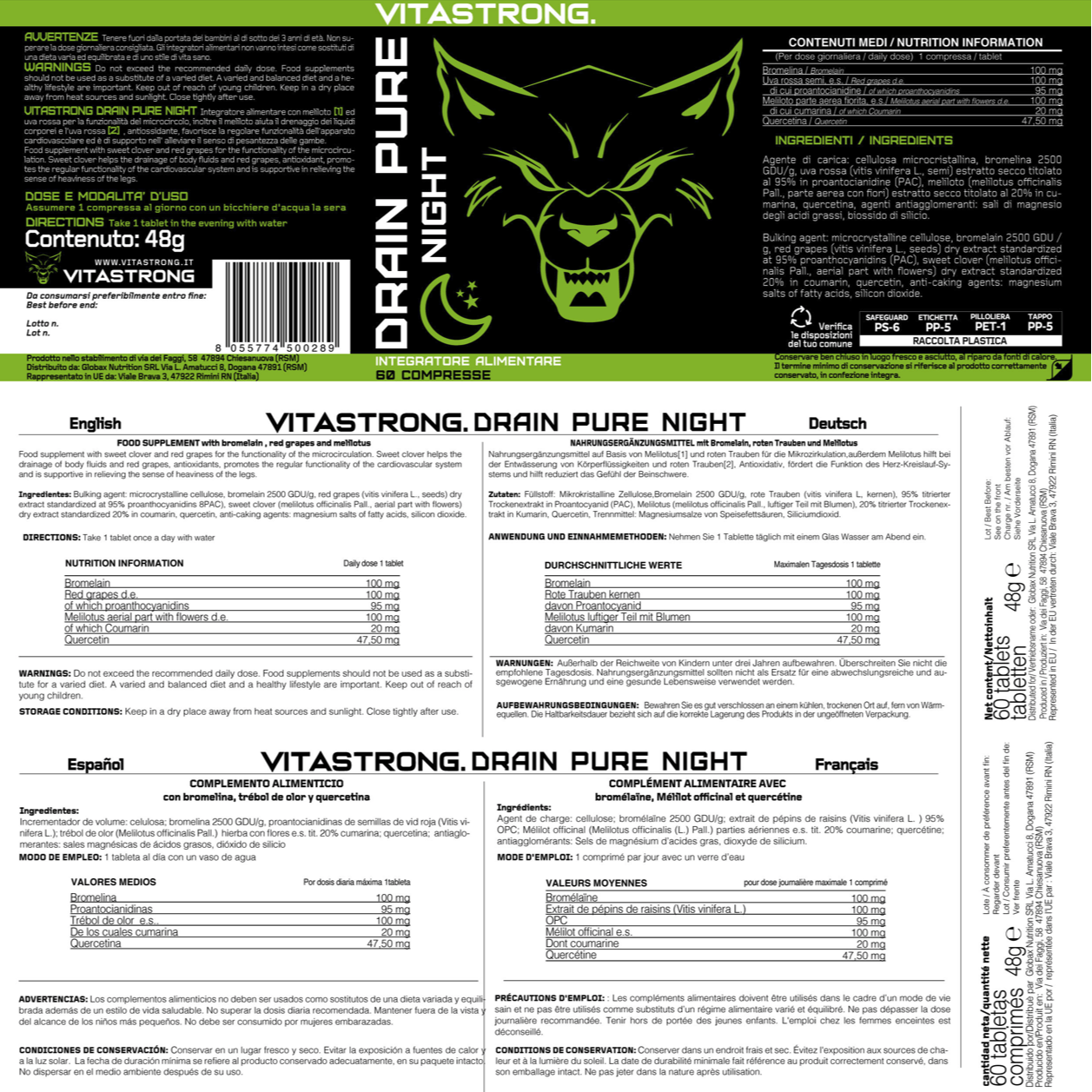 Drainpure Night Vitastrong Vegan — Integratore alimentare con bromelina, uva rossa, meliloto, quercetina, 60 compresse senza glutine, lattosio
