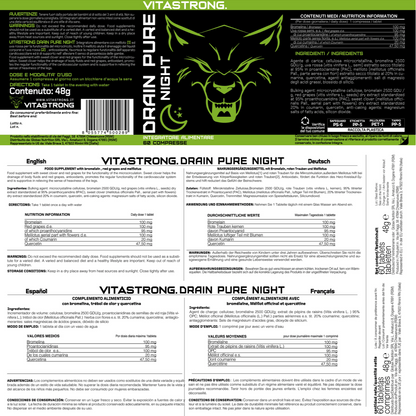 Drainpure Night Vitastrong Vegan — Integratore alimentare con bromelina, uva rossa, meliloto, quercetina, 60 compresse senza glutine, lattosio