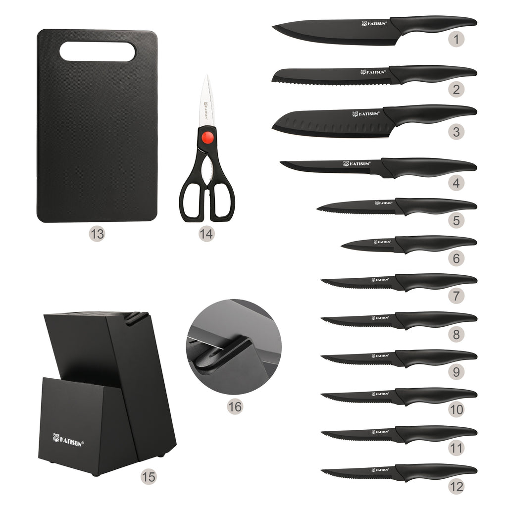 Set di 15 coltelli da cucina professionali con blocco in legno nero, manico antiscivolo in ABS per coltelli da chef, tagliere in plastica e forbici da cucina, regali di Natale e Capodanno per la cucina
