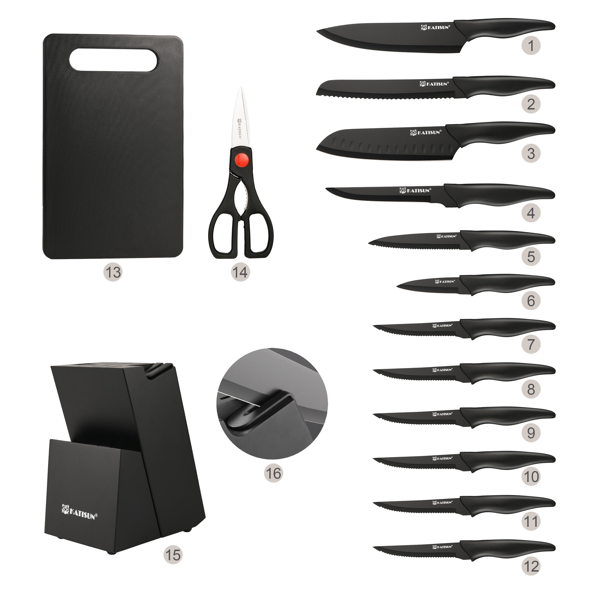 Set di 15 coltelli da cucina professionali con blocco in legno nero, manico antiscivolo in ABS per coltelli da chef, tagliere in plastica e forbici da cucina, regali di Natale e Capodanno per la cucina