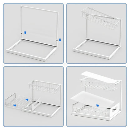 1 pz. Scaffale estraibile a doppio strato da posizionare sotto il lavandino, mensola multifunzionale in acciaio al carbonio per cucina e bagno, adatta per organizer di articoli essenziali e prodotti per la pulizia - Nero/Bianco
