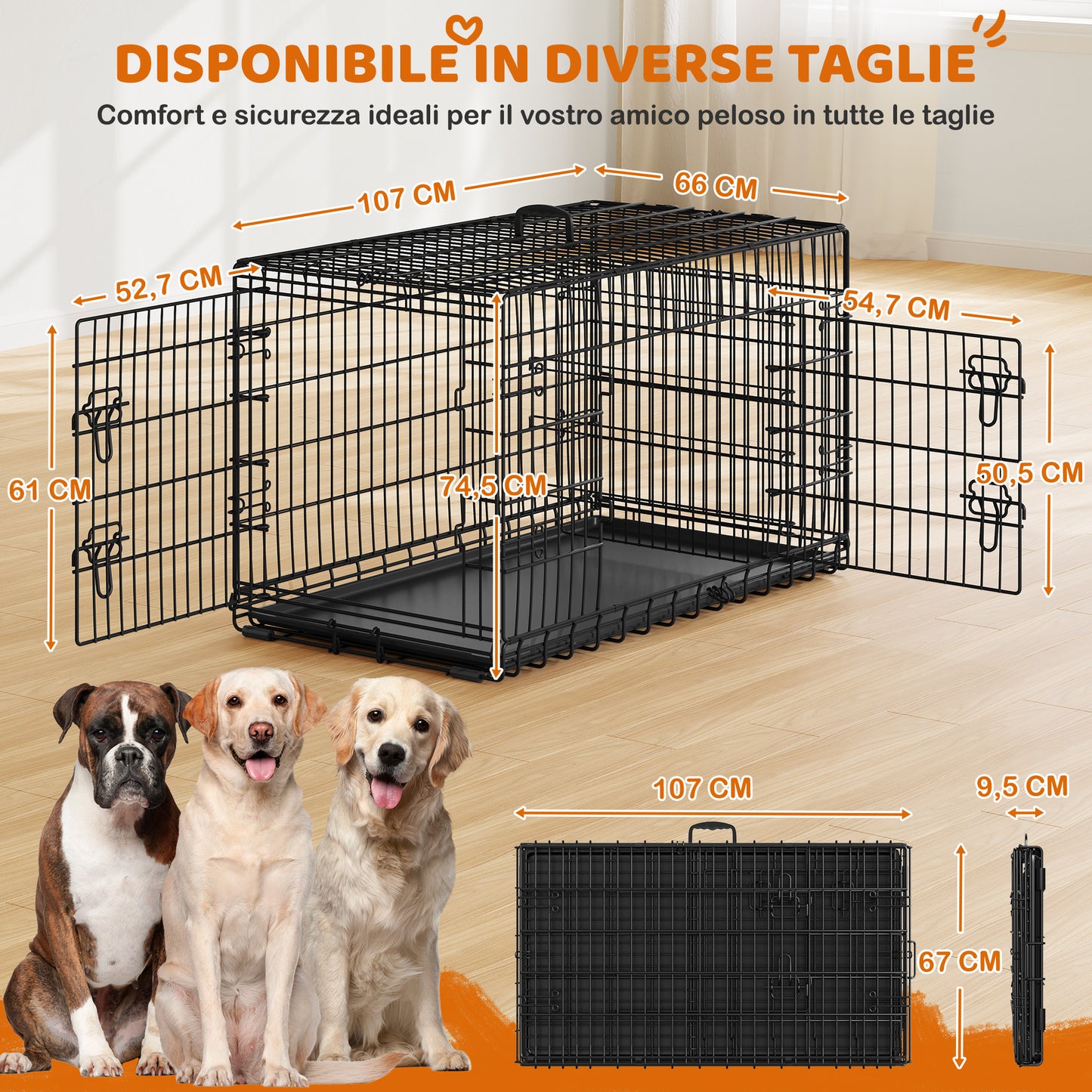 Costoffs Gabbia per Cani con Divisorio Kennel Metallica Pieghevole per Cani e Gatti Con 2 Porte e Vassoio Rimovibile Cuccia Cane da Esterno e da Interno Nero