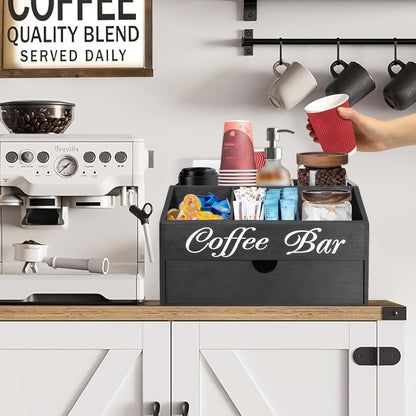 Organizzatore da bar per caffè Deluxe Freestable con cassetto - Legno adatto per cialde di caffè, accessori per tè, bustine di zucchero e formine | Ampia postazione da bancone, ufficio, bar | Organizzatore con cassetto per regali di Natale