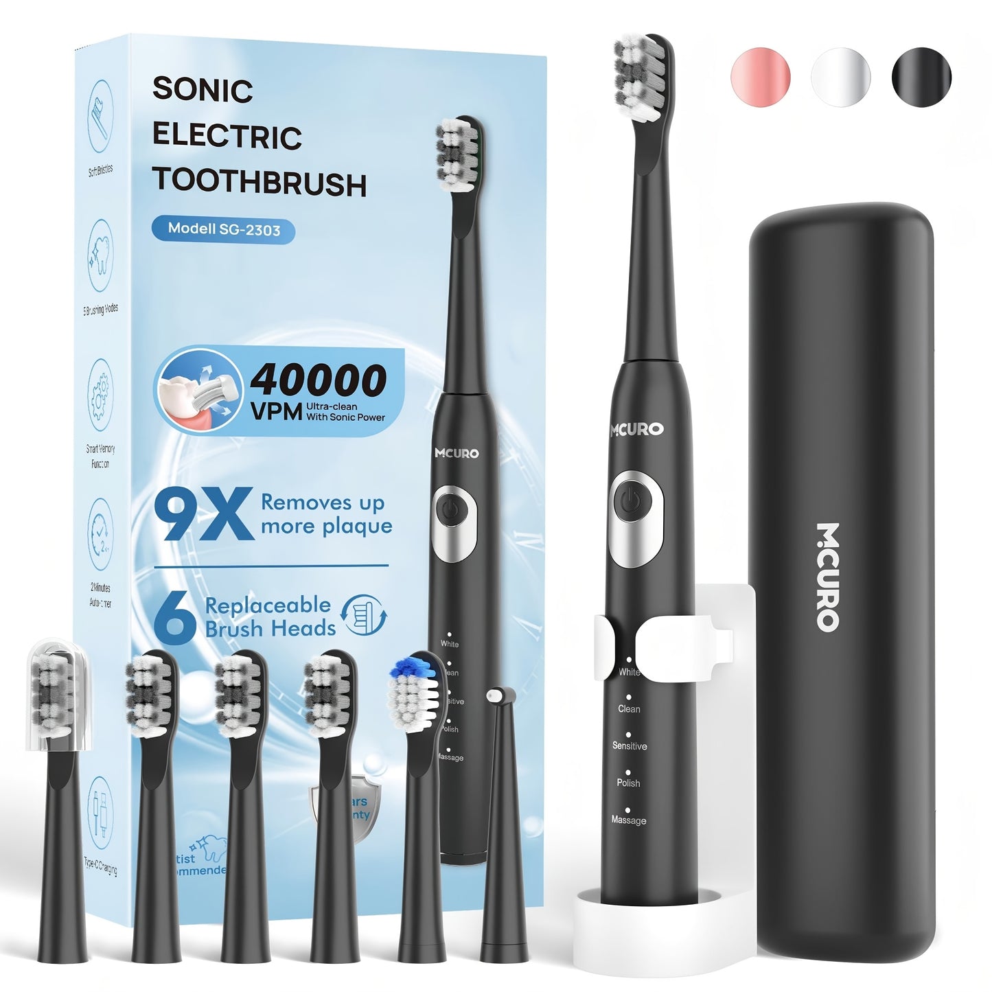Spazzolino elettrico sonico per adulti con modalità intelligenti e ricaricabile USB, tecnologia a onde sonore adatta a denti e gengive sensibili, setole morbide, 6 testine, custodia da viaggio e supporto da parete, adatto per viaggi, regali di Natale