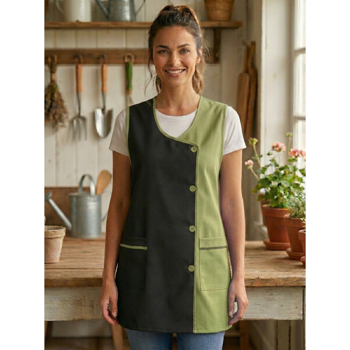 Grembiule da cucina liscio da donna, confortevole e resistente, dettagli moderni e funzionali: tasche frontali e bottoni frontali Utilizzo: cucina, casa, lavoro e attività quotidiane