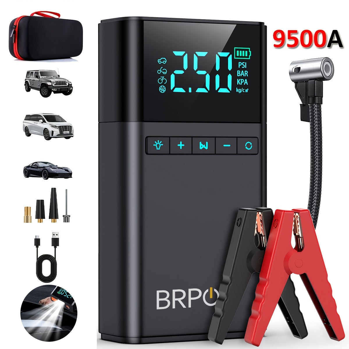 Avviatore di Emergenza per Auto con Compressore Aria e Gonfiatore Pneumatici, Booster Batteria 9500A con Power Bank e Torce LED, Box Avviatore Auto 12V per Tutti i Veicoli a Benzina o Diesel da 10.0L con Custodia Portatile, Cavi Smart con 10 Funzioni di P