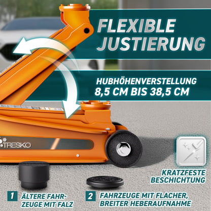 Cric idraulico per auto TRESKO® 2.5 - 3T | Cric idraulico per spostamento auto e SUV con ruote piane e a 360°, include 2 guarnizioni in gomma, tappetino protettivo, guanti