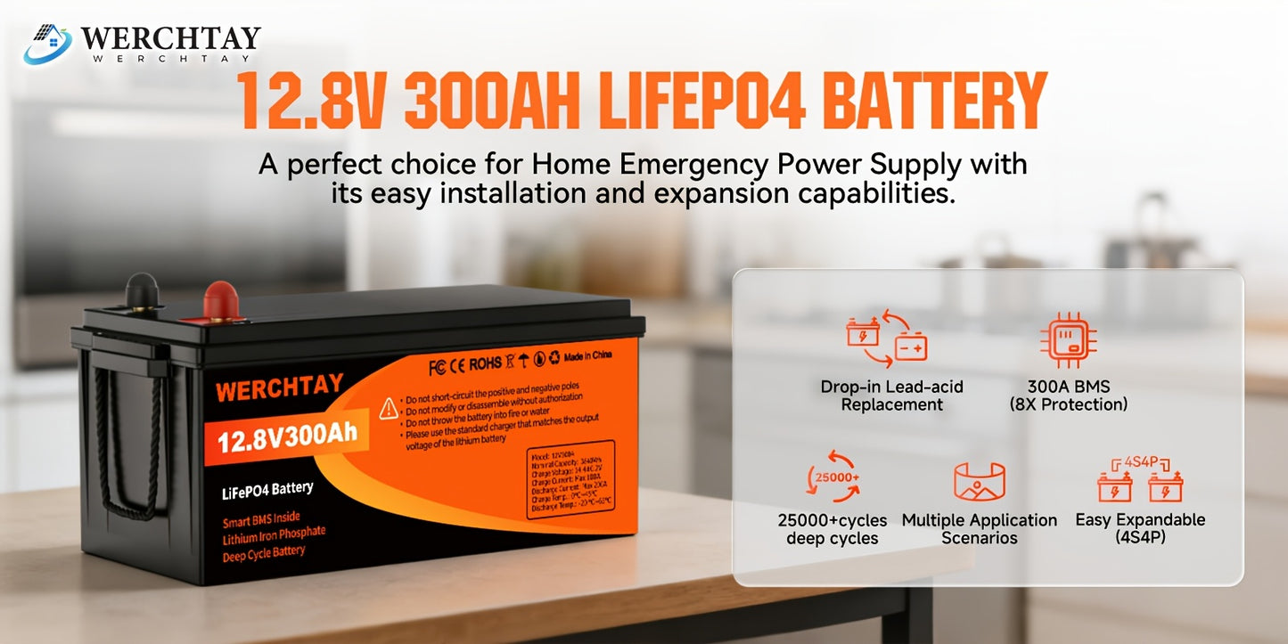 Batteria WERCHTAY 12.8V LiFePO4 300/200/100Ah, Dotata di Celle di Batteria di Grado A+, Oltre 25000 Cicli di Scarica Profonda, Protezione Intelligente BMS da Sovraccarica/Sottocarica, per Accumulo Energetico Domestico, Camper da Esterno, Applicazioni Sola