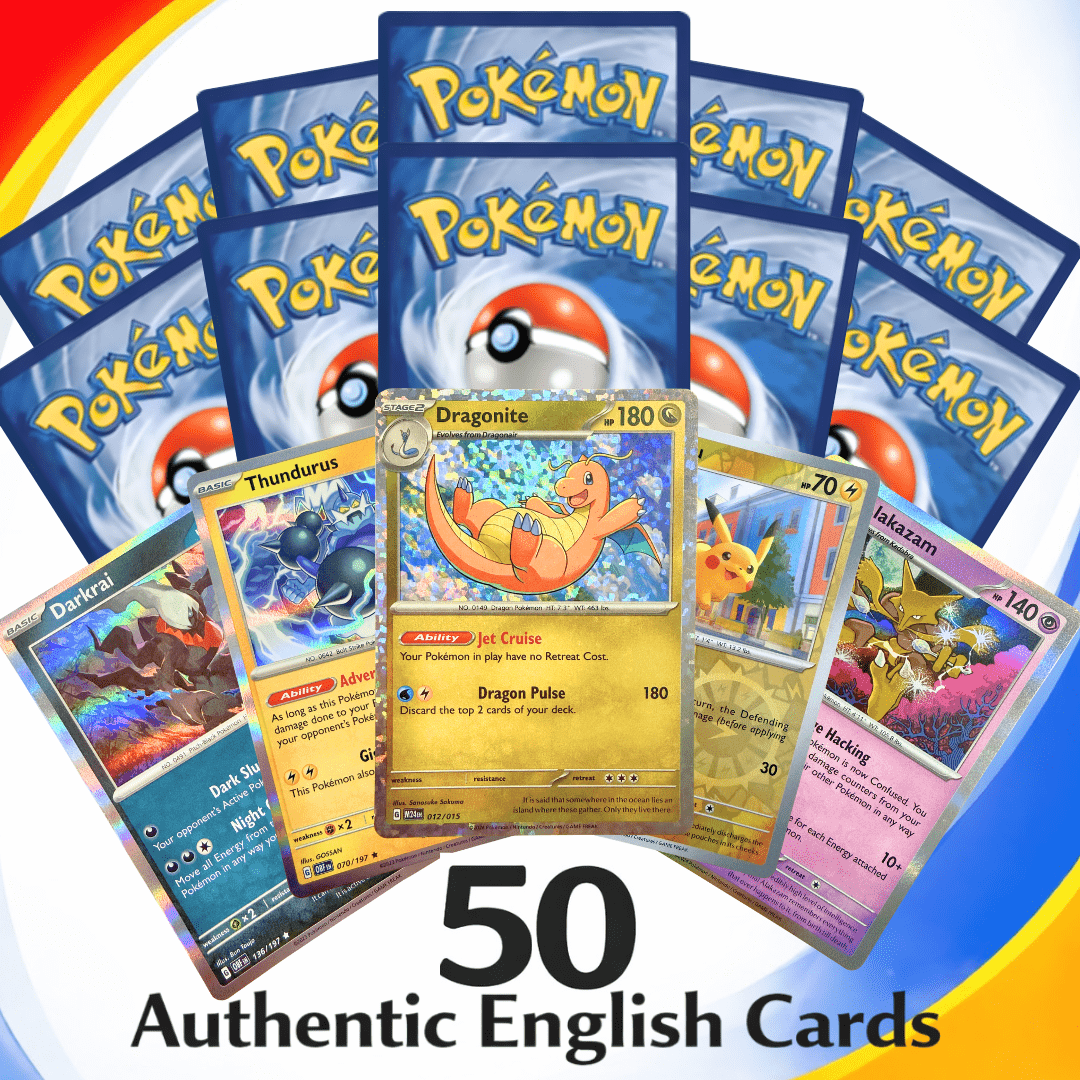 50 Carte Pokémon Versione Inglese - Set Autentico di 50 Carte Ufficiali, Incluse Rare e Lucide