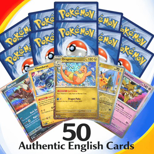 50 Carte Pokémon Versione Inglese - Set Autentico di 50 Carte Ufficiali, Incluse Rare e Lucide