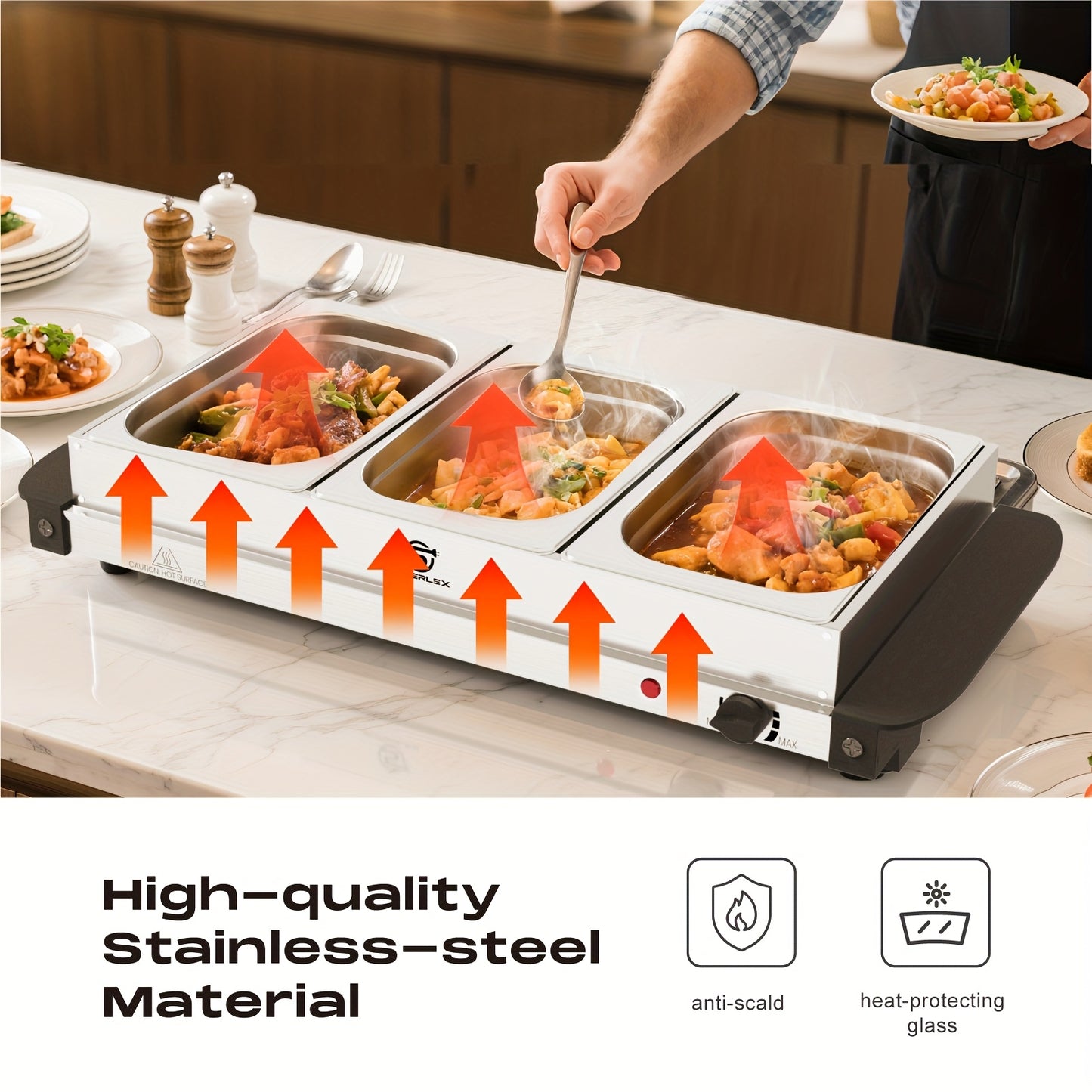 SUPERLEX Buffet Elettrico con Scaldavivande, Dotato di Tre Pentole da 1.5L, un Design Spazioso in Acciaio Inox, una Piastra Riscaldata con Coperchi Rimovibili, Impostazioni di Temperatura Regolabili e una Vassoio Riscaldante Portatile per Mantenere il Cal