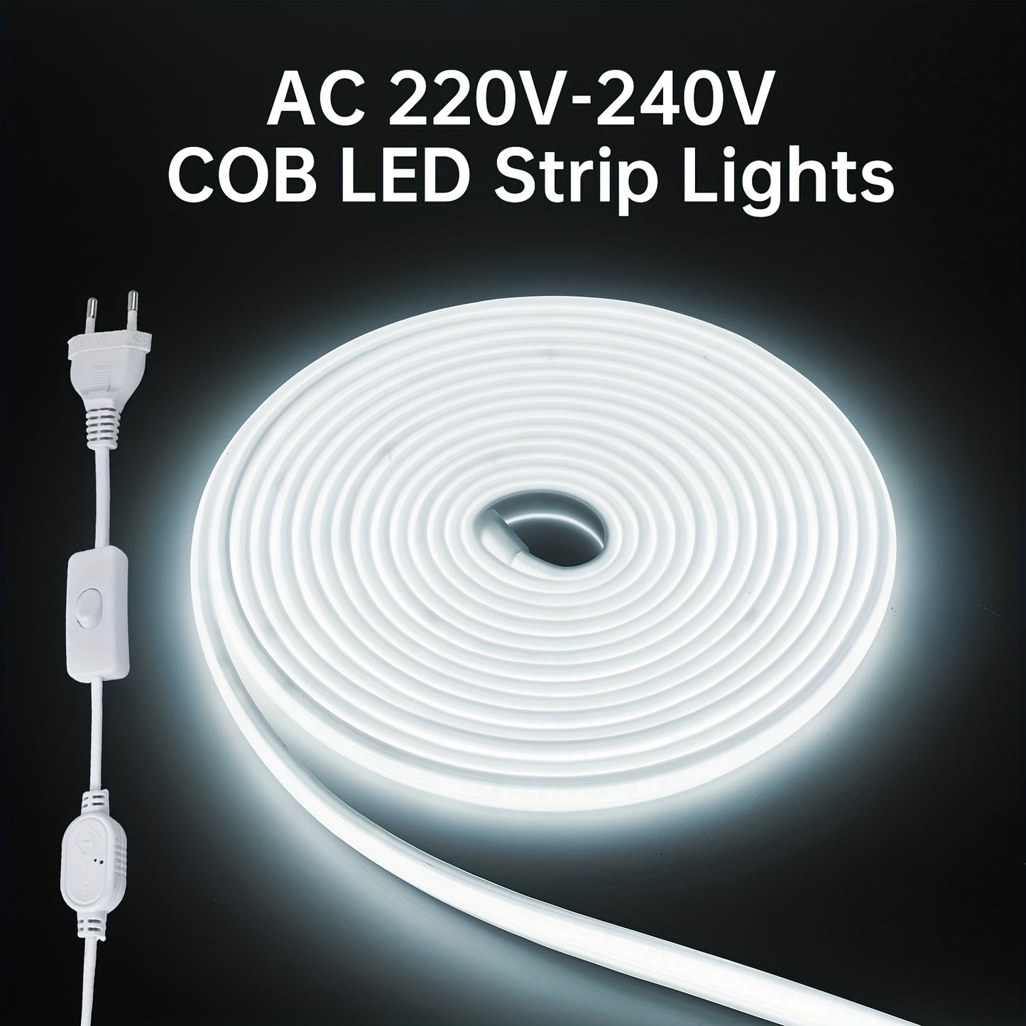 Strisce LED COB, adatte per AC 220V-240V, illuminazione esterna flessibile, con 288 LED per metro. Questa striscia LED adesiva offre un alto contrasto in bianco o bianco caldo, ideale per decorare cucine, giardini e interni domestici.