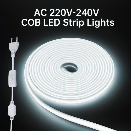 Strisce LED COB, adatte per AC 220V-240V, illuminazione esterna flessibile, con 288 LED per metro. Questa striscia LED adesiva offre un alto contrasto in bianco o bianco caldo, ideale per decorare cucine, giardini e interni domestici.