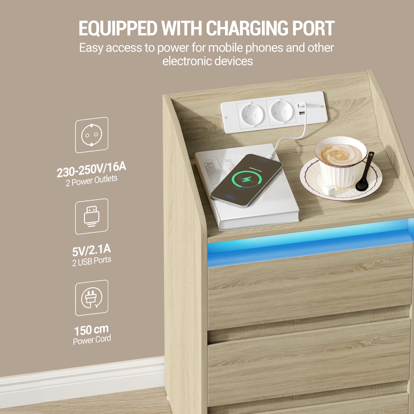 Set di 2 Cassettiere con 3 Cassetti, Tavolino con Stazione di Ricarica e LED, 2 Prese AC e 2 Porte USB, Soluzione per la Camera da Letto, Conservazione di Libri e Oggetti Vari in Soggiorno e Camera, Organizzazione e Conservazione, Unità di Cassetti per la
