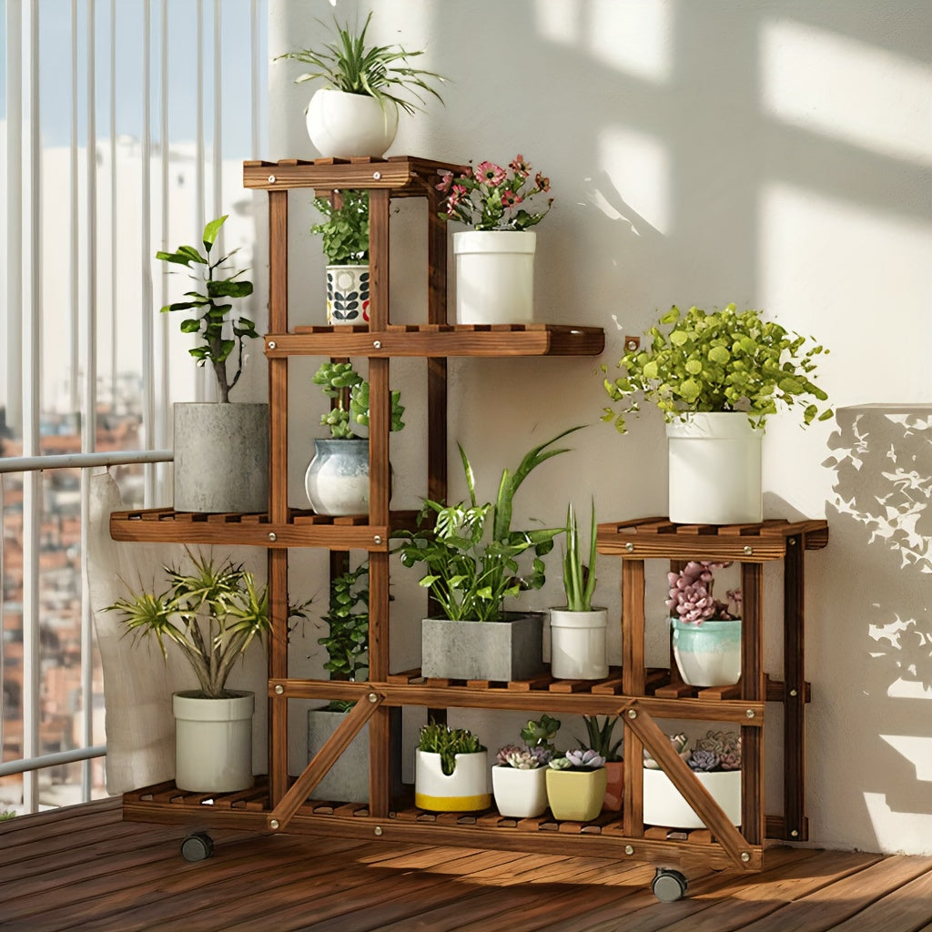 Scaffale per fiori a 6 ripiani di grandi dimensioni con ruote, espositore per vasi da giardino in legno di pino per patio, verande, balconi, interni, esterni, scaffale da terra, scaffale da terra