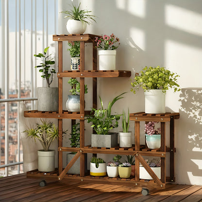 Scaffale per fiori a 6 ripiani di grandi dimensioni con ruote, espositore per vasi da giardino in legno di pino per patio, verande, balconi, interni, esterni, scaffale da terra, scaffale da terra