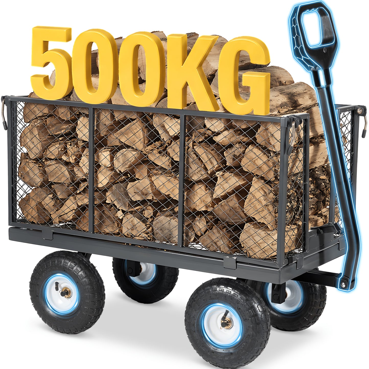 Carrello da giardino e carrello portaoggetti Titan originale per carichi pesanti, capacità di carico 500 kg/300 kg, carrello convertibile 3 in 1 e carrello a piattaforma, maniglia ergonomica brevettata, pneumatici in gomma con aria, robusto e antiruggine,
