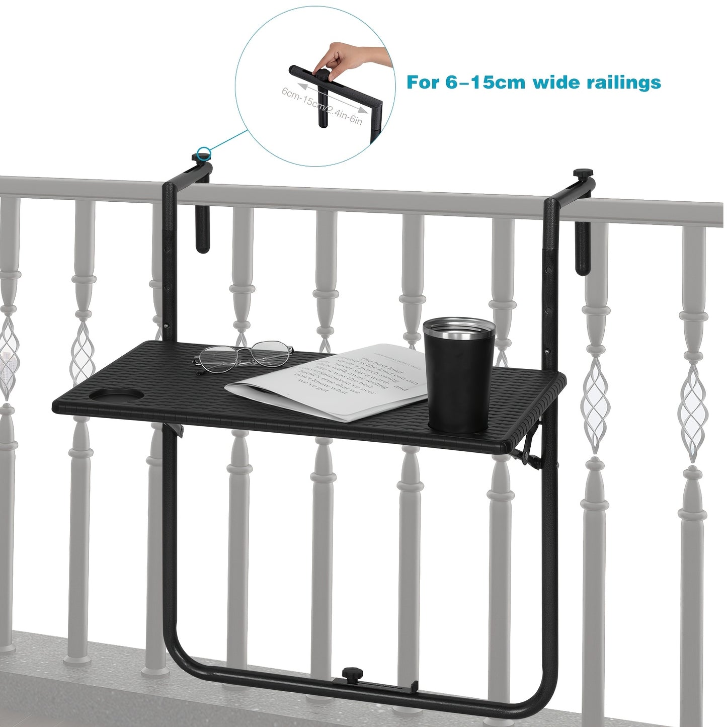 1 pz Tavolo da patio per mobili da esterno, tavolo pieghevole, tavolo da campeggio, tavolo sospeso per balcone con scanalature per posizionare bicchieri d'acqua, tavolo sospeso stabile per ringhiera del balcone, tavolo pieghevole, 3 livelli di altezza, pi