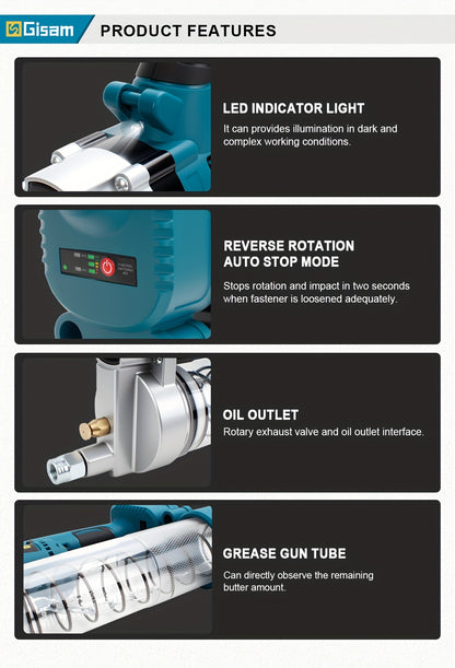 Pistola per Grassi Senza Fili Gisam 10000PSI Motore Brushless ad Alta Pressione con Cartuccia da 16oz e Custodia, Compatibile con Batteria Makita 18V, Strumento Professionale per Lubrificazione Auto (Utensile Elettrico)
