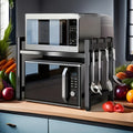 Mensola da Cucina a 2 Ripiani (Nero), Supporto da Appoggio per Cucina a Microonde, Mensola da Cucina per Forno, Portaoggetti da Cucina, Estensibile 40 - 65 Cm, con 6 Ganci, Crea uno Spazio Cucina Ordinato, Mensola da Terra, Mensola da Terra