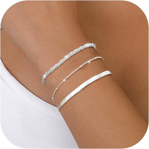 3 Pezzi Bracciali in Argento 925 per Donne, Collane a Catena Sottili e Regolabili con Perline Sovrapponibili