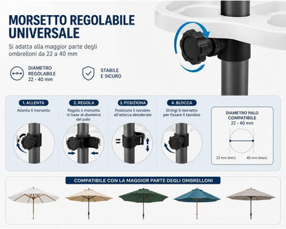 Cecaro Group Tavolino Porta Oggetti per Ombrellone 35x35 cm – Tavolo Universale con Morsetto Regolabile 22-40 mm – Ideale per Mare, Spiaggia, Giardino e Piscina