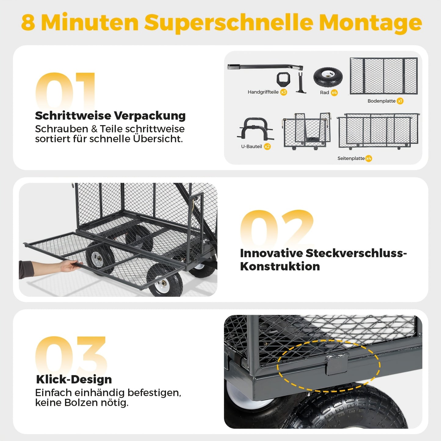 Carrello da giardino e carrello portaoggetti Titan originale per carichi pesanti, capacità di carico 500 kg/300 kg, carrello convertibile 3 in 1 e carrello a piattaforma, maniglia ergonomica brevettata, pneumatici in gomma con aria, robusto e antiruggine,