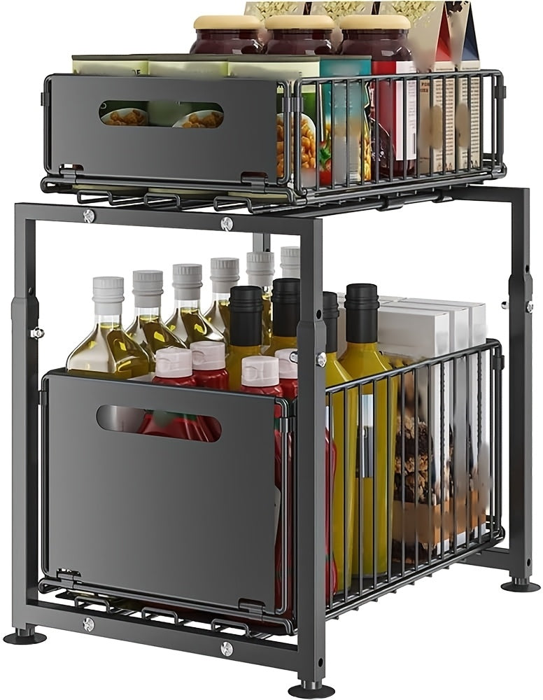 Organizzatore Sottosink a 2 Livelli Resistente - Ripiano Scorrevole in Acciaio al Carbonio con Altezza Regolabile, Mensola per Armadio Facile da Installare per Cucina Bagno Dispensa Guardaroba, Finitura , Costruzione Robusta, Ripiani