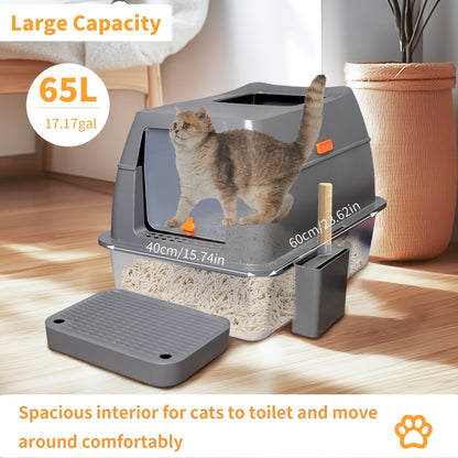 Lettiera per gatti extra large in acciaio inossidabile con coperchio - Misura XL, sponde alte, a prova di perdite, design facile da pulire, include paletta - Adatta per più gatti e razze di grandi dimensioni