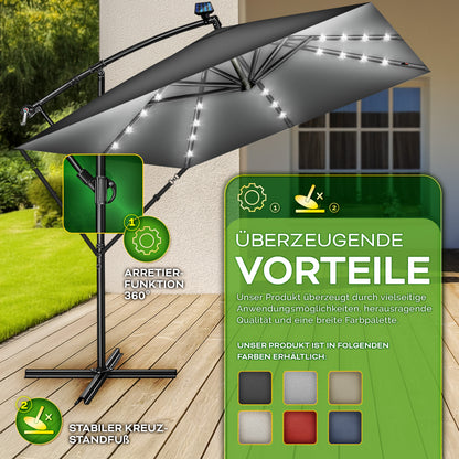 Tillvex® Tenda da Sole Rettangolare in Alluminio con LED Solare Ø 330 Cm + Copertura con Manovella | Ombrello Angolare con Luce Stradale, Supporto e Parabrezza | Grande Ombrello da Giardino in Alluminio con Protezione UV | Ombrello con Manovella, Ombrello