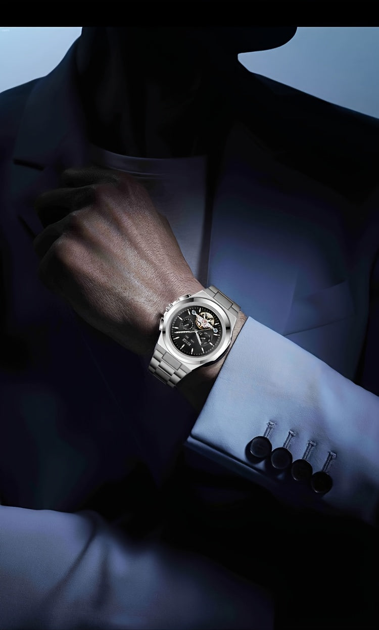 Orologio da uomo elegante automatico meccanico con cinturino in acciaio inossidabile, con funzioni business e sportive, display multipli, calendario, lancette luminose e design scheletrato. Un regalo perfetto per uomo.