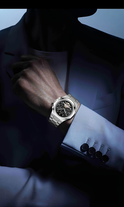 Orologio da uomo elegante automatico meccanico con cinturino in acciaio inossidabile, con funzioni business e sportive, display multipli, calendario, lancette luminose e design scheletrato. Un regalo perfetto per uomo.
