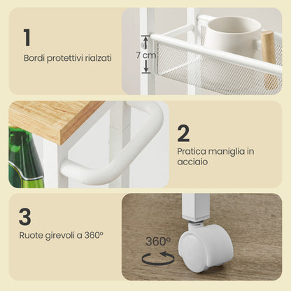 Carrello multiuso con rotelle, design sottile, si inserisce perfettamente negli spazi della cucina. Adatto per l'uso vicino alle cappe aspiranti, nei bagni e accanto ai frigoriferi.