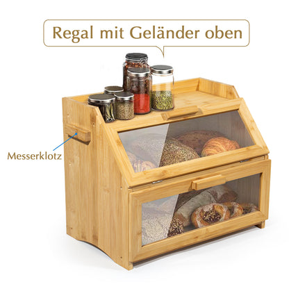 Contenitore per pane in bambù con ventilazione, cassetta per pane grande, 2 ripiani e finestra di visuale, contenitore per pane in legno, panini, contenitore per pane da cucina