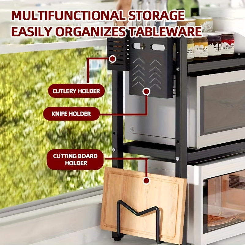 Scaffale per microonde espandibile a 2/3 ripiani con 6 ganci, porta coltelli/stecche/tavola da taglio, organizer in metallo salvaspazio per spezie, utensili e articoli da cucina, ripiano da appoggio con montaggio rapido, regalo perfetto per l'inaugurazion