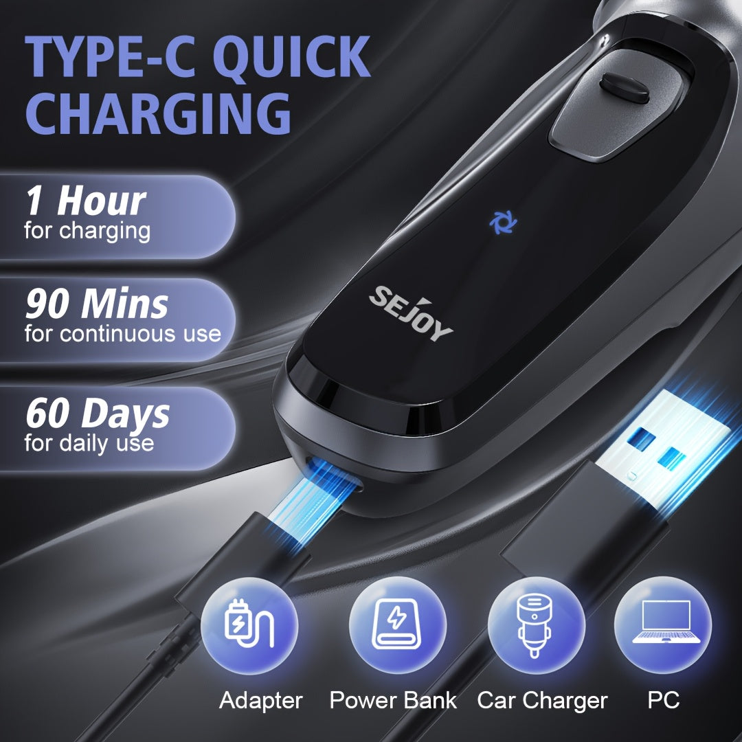 Rasoio Elettrico da Uomo, SEJOY Rasoio Elettrico per Uomo Viso, Rasoio Ricaricabile Wet & Dry con Rifinitore Pop Up, Ricarica Rapida in 1 Ora, Testina Flottante 3D, Indicatore di Alimentazione LCD