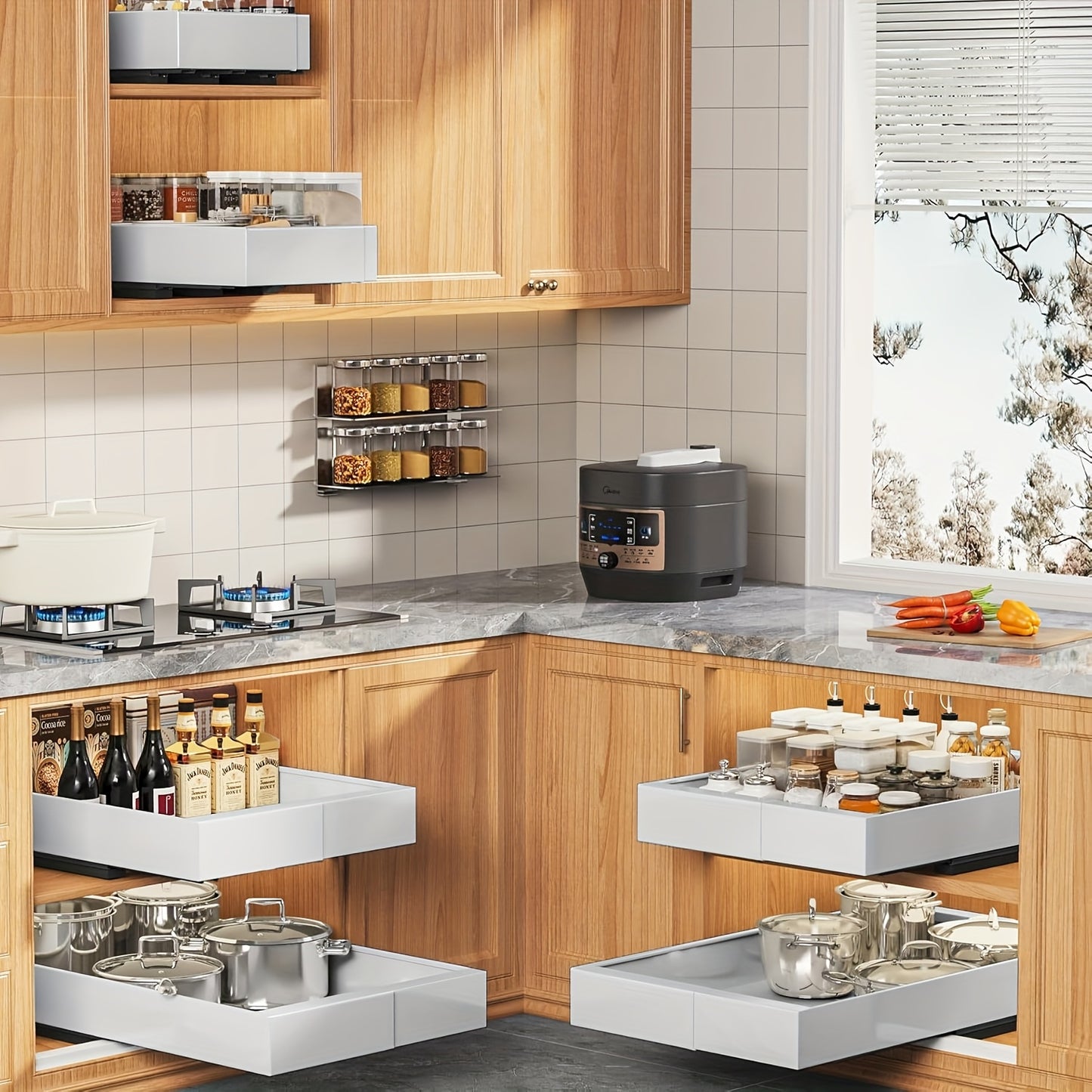Cassetti Estraibili per Mobili da Cucina, 1 Set di Scaffali Scorrevoli, Ripiani per Dispensa in Acciaio al Carbonio Rinforzato, Cesti Scorrevoli per Lavello Senza Trapano, Ripiani per Armadietti di Facile Accesso, Adatti per Bagni e Lavanderie, Contenitor