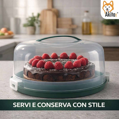 Porta Torta con Coperchio e Manico 28 cm - Campana Trasparente con 3 Chiusure di Sicurezza, Base Verde con Scomparti Portamuffin, H 15