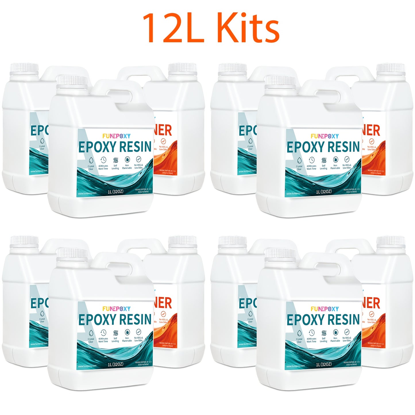 FUNEPOXY Kit Resina Epossidica 2:1 Alta Lucentezza Super Trasparente - A Scorrimento Rapido, Senza Bolle, Basso Odore, Facile da Usare, Alta Durata, Finitura Cristallina per Creazione di Gioielli, Piani di Tavoli a Fiume, Bicchieri, Stampi, Pittura su Leg