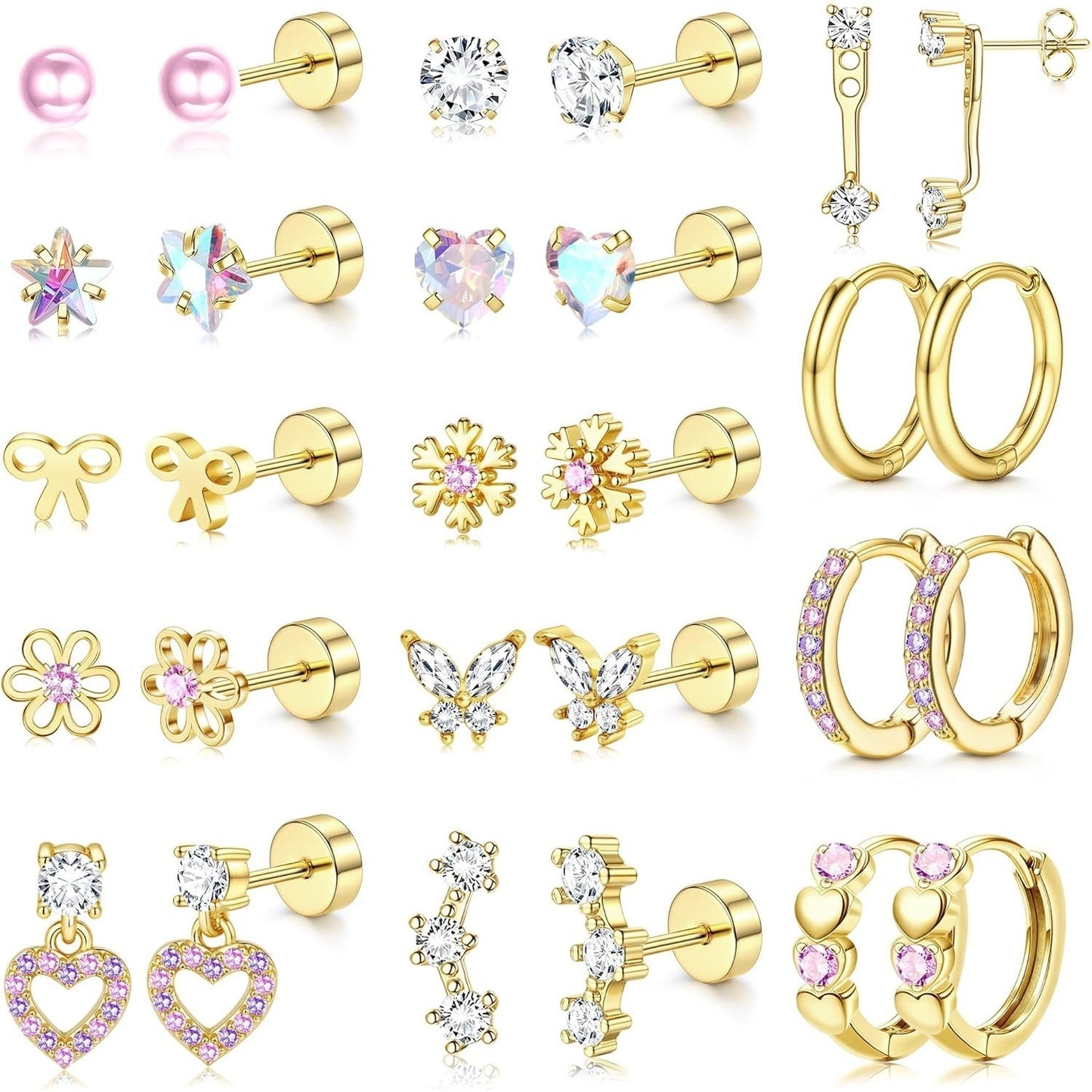 2D Flat - 14 Paia di Orecchini a Turchese Ipoallergenici per Donna | Acciaio Inossidabile Chirurgico, Placcato Oro 14K, Zirconia Sintetica, Stile Elegante e Facile - Set di Orecchini a Turchese con Base Piatta, Piccoli Cerchi
