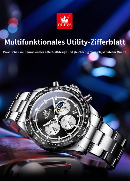 OLEVS Orologi da Uomo con Quadrante Fase Lunare Acciaio Inossidabile/Cinturino in Pelle Cronografo Lusso Business Abito Analogico Quarzo Orologi da Uomo Classici Casual Eleganti Orologi da Polso Quadrante Luminoso Nero/Bianco/Blu/Verde