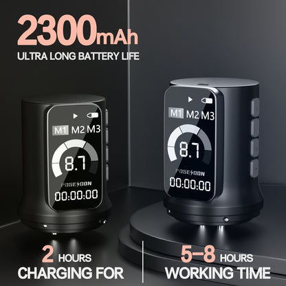Kit Macchinetta Tatuaggio Rotante Wireless POSEIDON, Penna con Motore Senza Albero e Passo Regolabile da 2.4-4.2Mm, Due Batterie con Schermo Digitale da 2300Mah, Include 10 Aghi per Tatuaggio e Altre Accessori