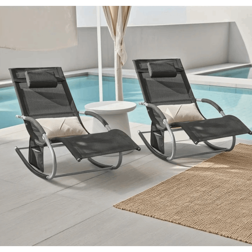 1 Pezzo Lettino Prendisole Lettino da Giardino Sdraio Relax Sedia a Dondolo da Esterno con Cuscino Poggiatesta Superficie Ergonomica Tessuto Resistente agli Agenti Atmosferici Struttura in Metallo Tasca Laterale Portata Massima 150 kg Terrazza Balcone Gia